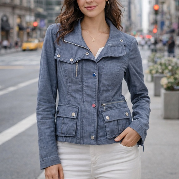 White House Black Market Jackets & Blazers - White House Black Market Chambray Moto-Style Jacket-EUC Sz 0 Petite Zippers